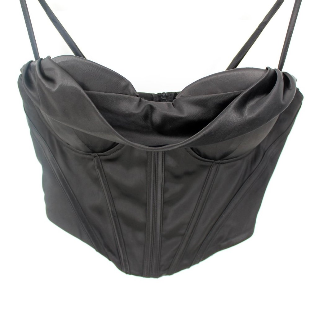 Black Satin Corset Bustier Top L Boned Padded Drape Cowl Neck Stretch Adj. Strap - Picture 2 of 15